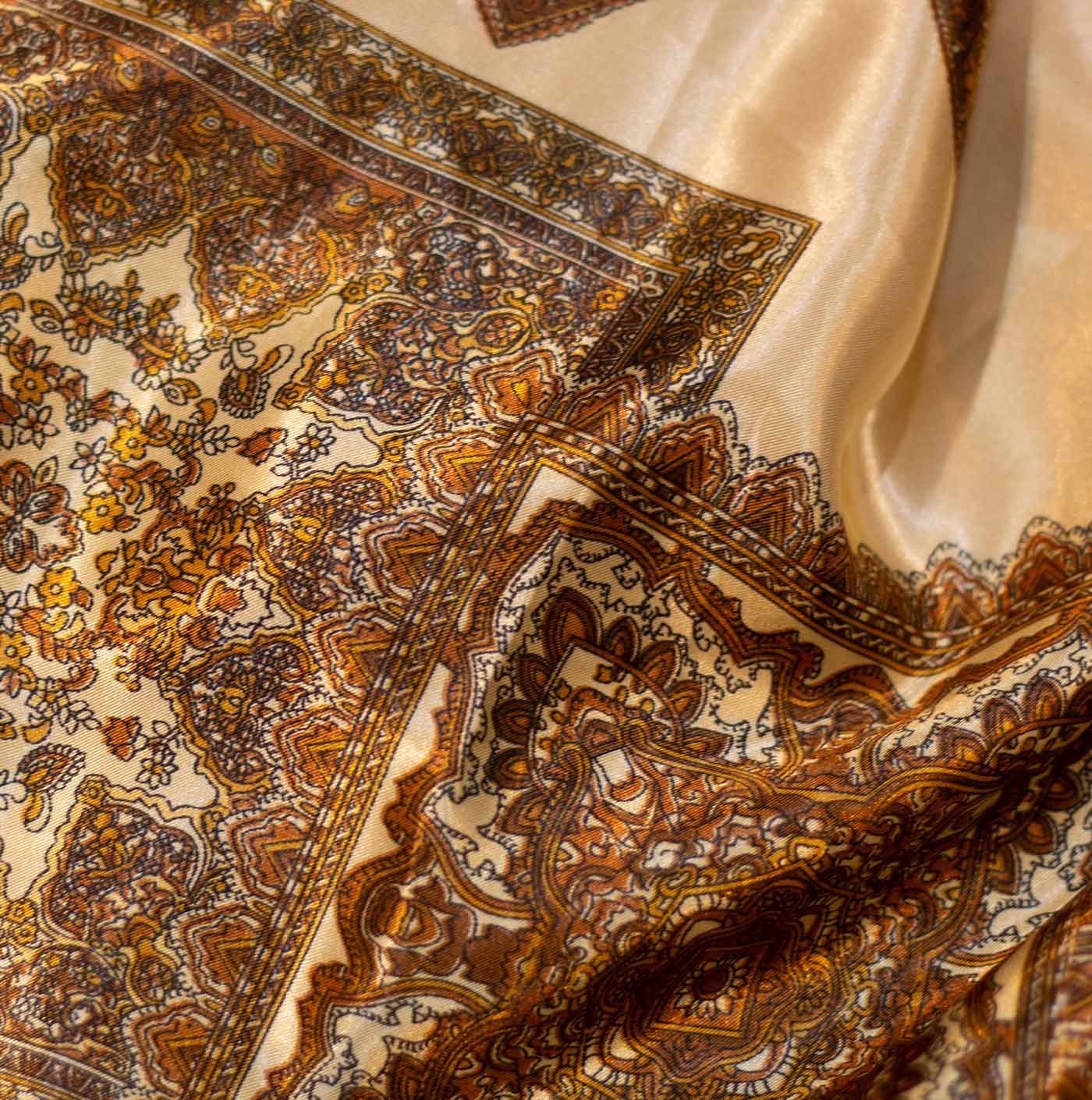 Brown & Cream Kharim Sultan Printed Silk Satin