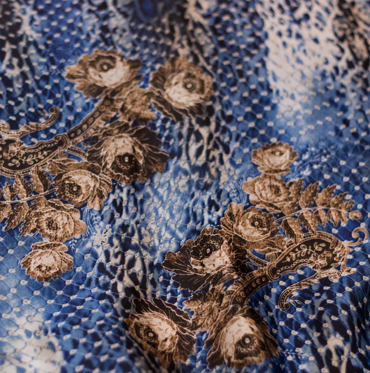 Navy Blue Design Printed Silk Fabric