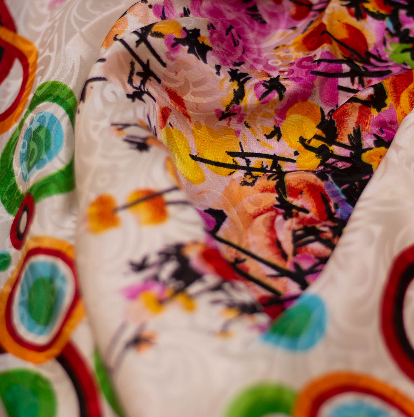 Ringed Hibiscus Floral Printed Silk Jacquard Fabric
