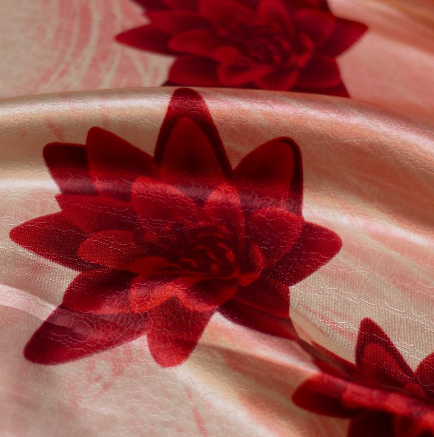 Red Floral Pink Silk Satin Fabric