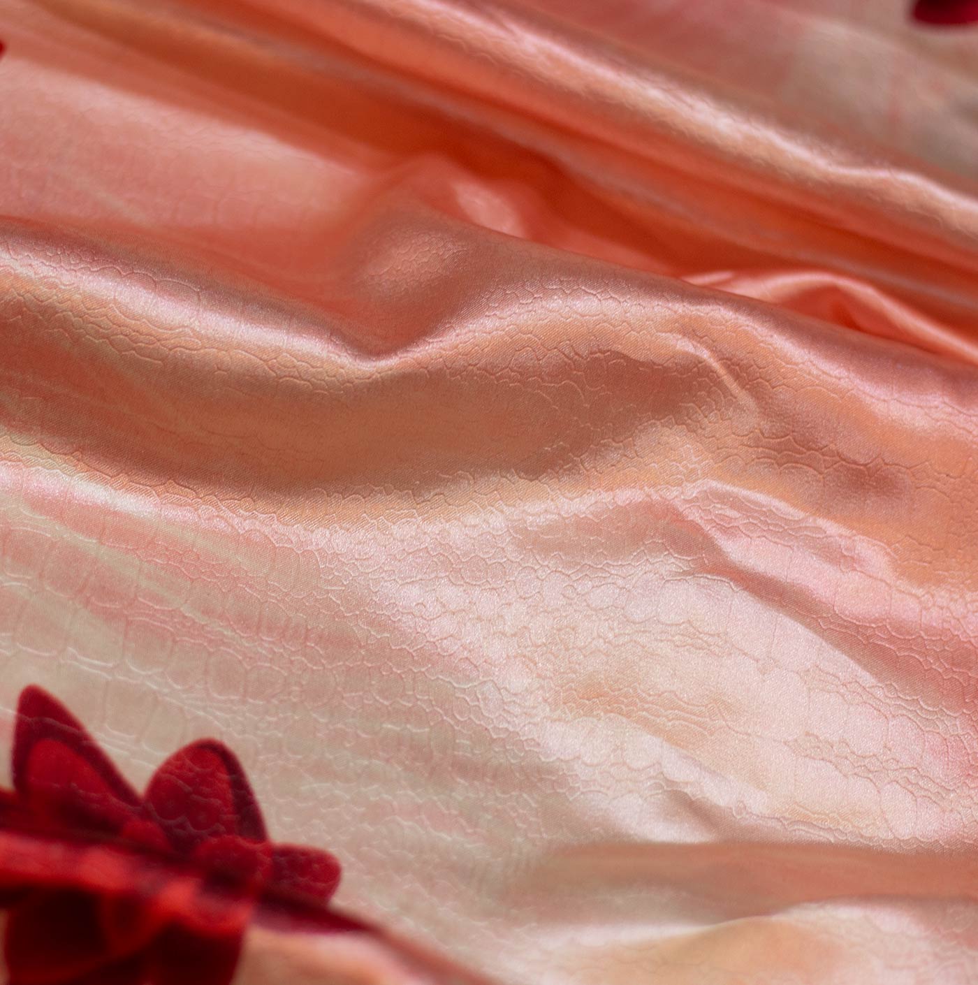 Red Floral Pink Silk Satin Fabric
