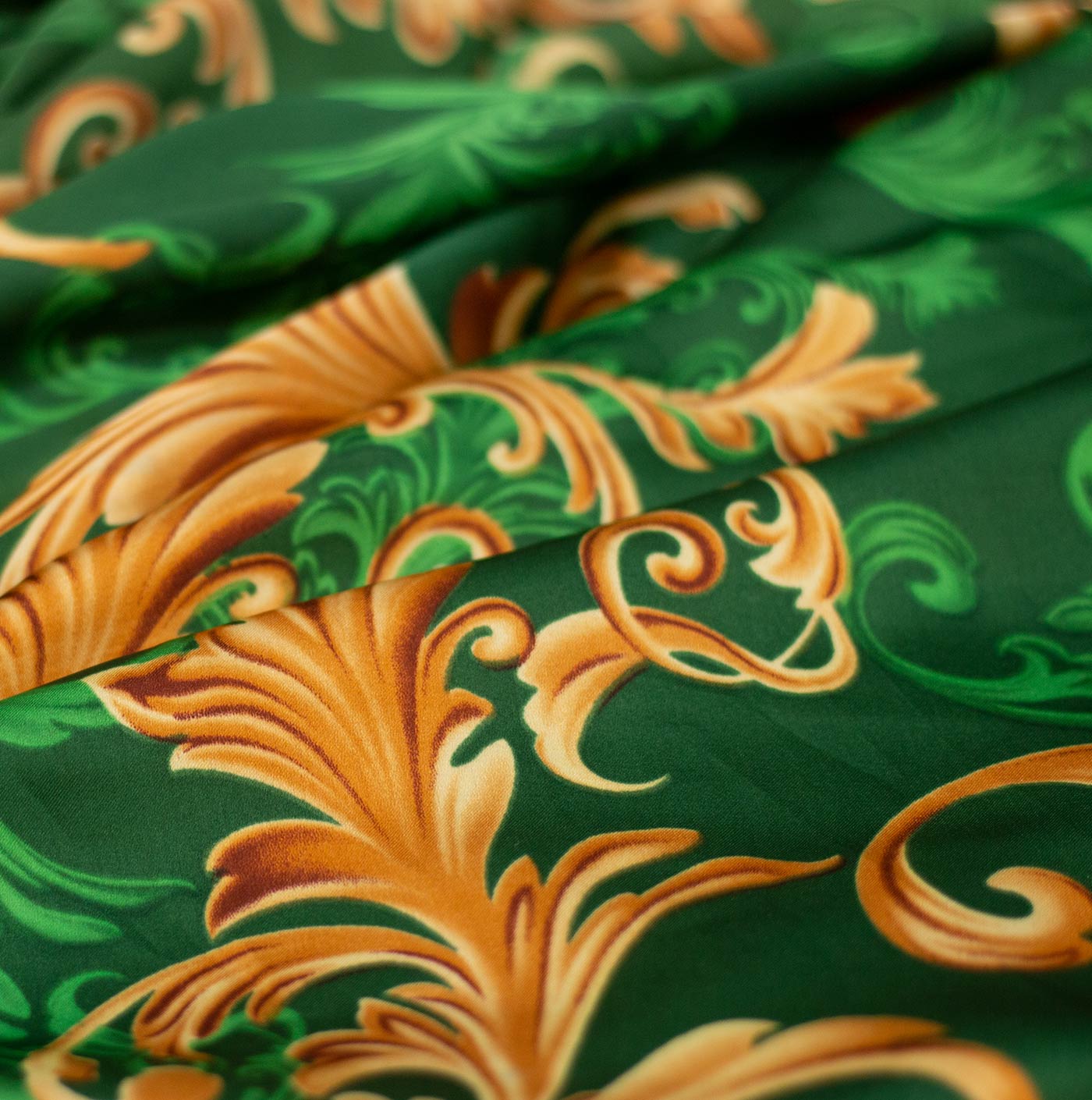 Green and Gold Fire Floral Printed Silk Fabric