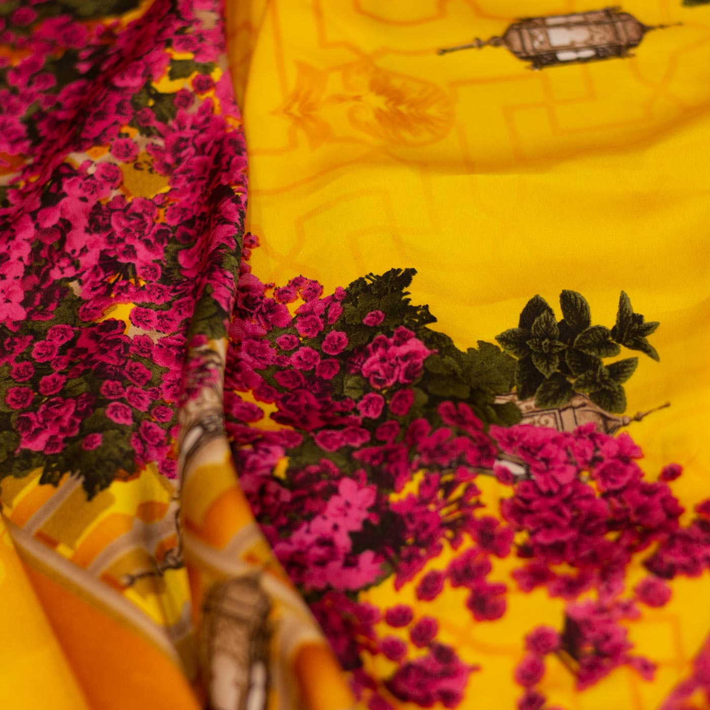 Yellow & Pink Designer Printed Silk Fabric