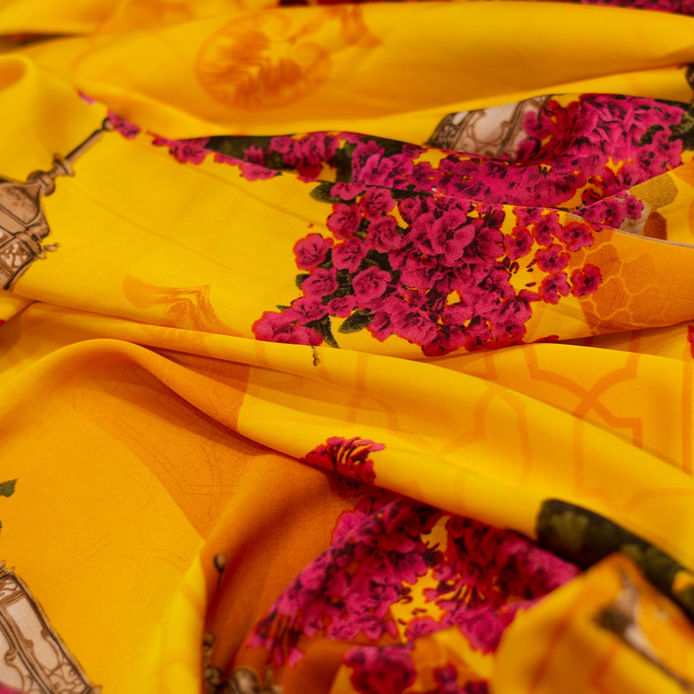 Yellow & Pink Designer Printed Silk Fabric