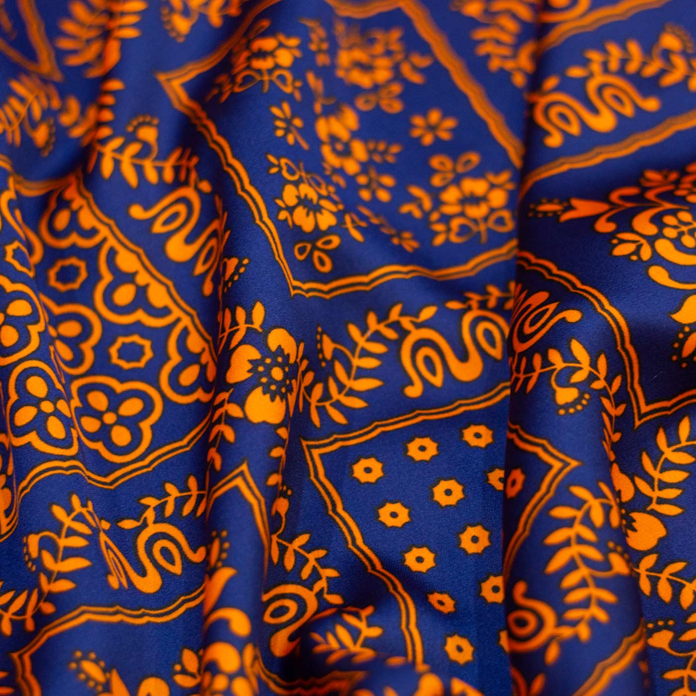 Orange and Blue Square Walls Printed Silk Fabric