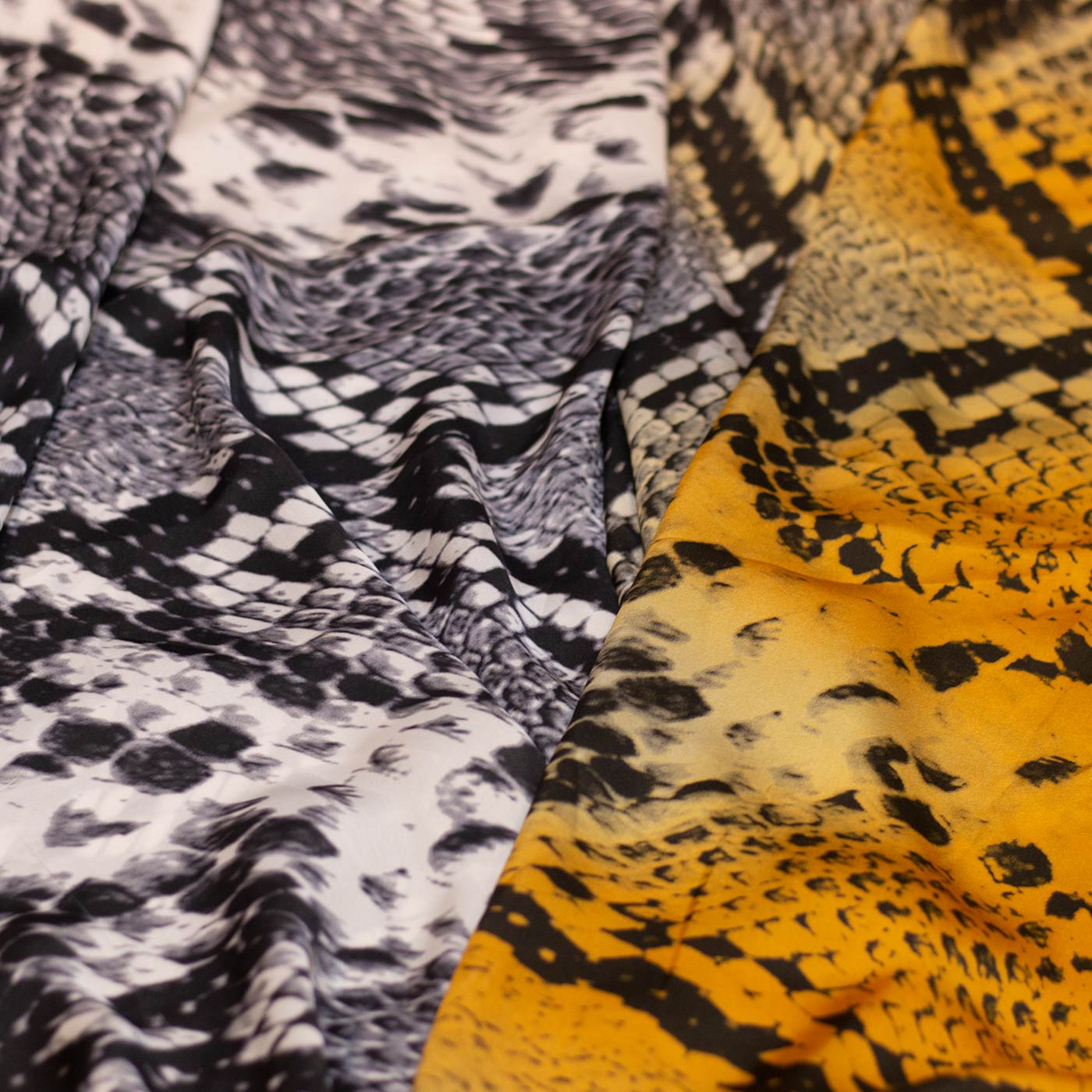 Dark Yellow and Black Snakeskin Designer Printed Silk Fabric
