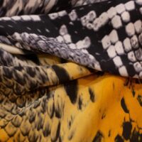 Dark Yellow and Black Snakeskin Designer Printed Silk Fabric