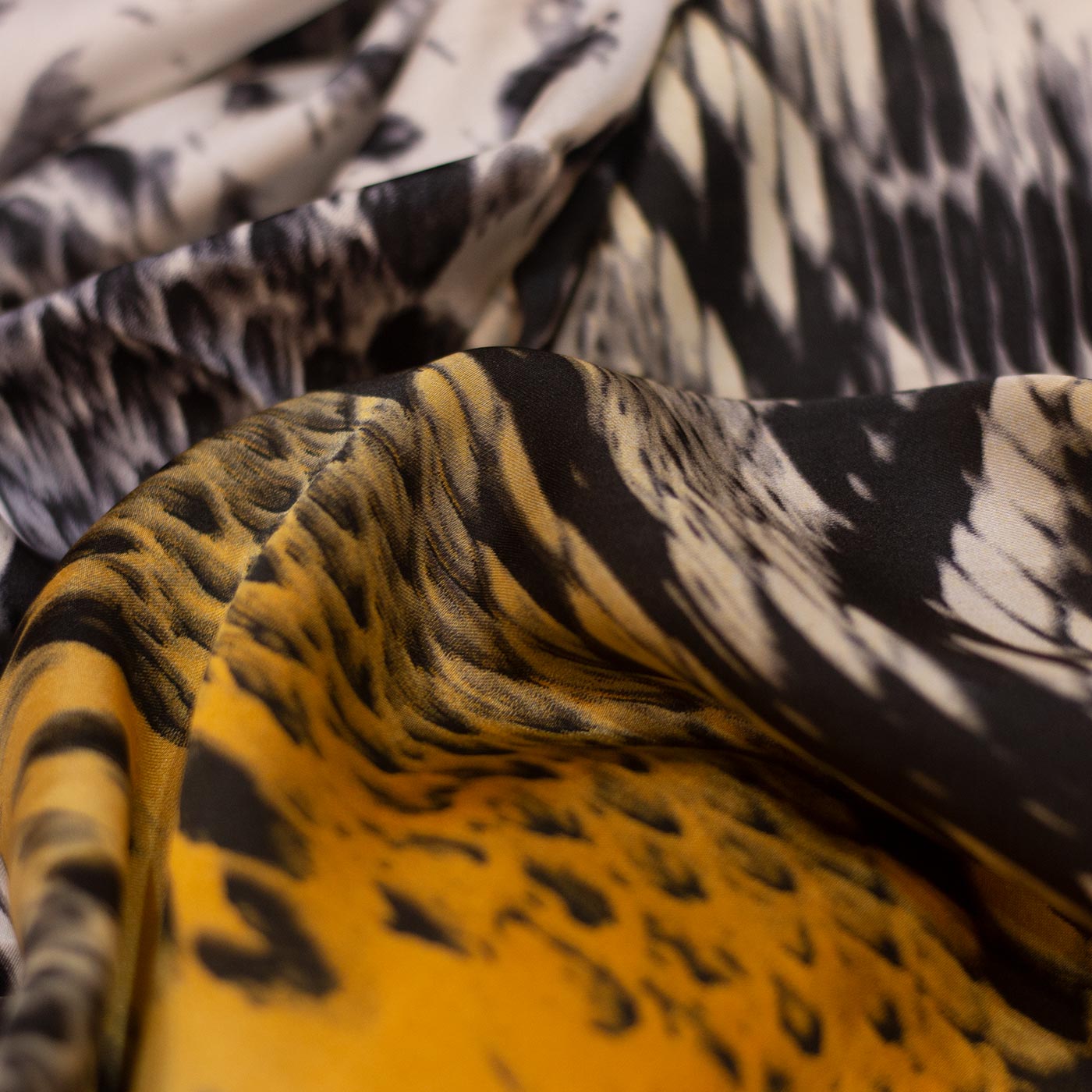 Dark Yellow and Black Snakeskin Designer Printed Silk Fabric