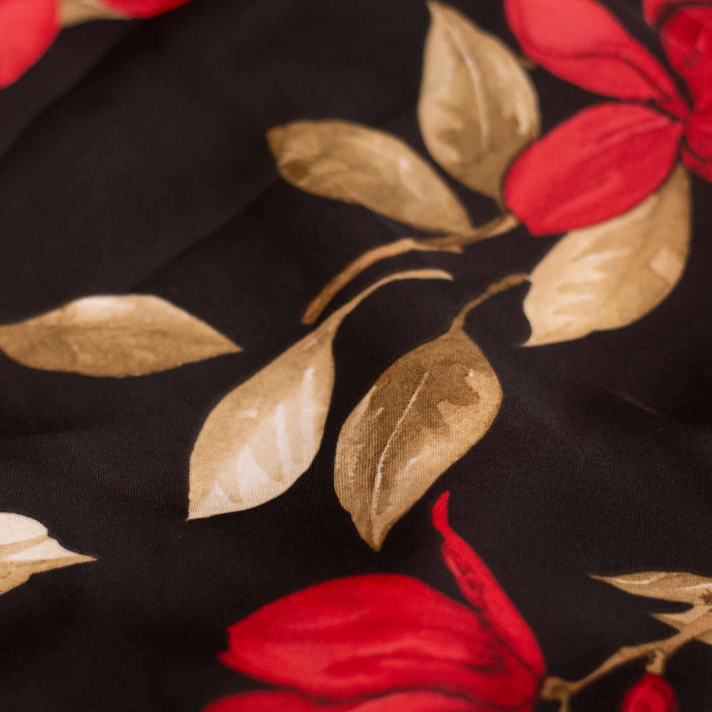 Red & Gold on Black Floral Design Printed Silk Fabric