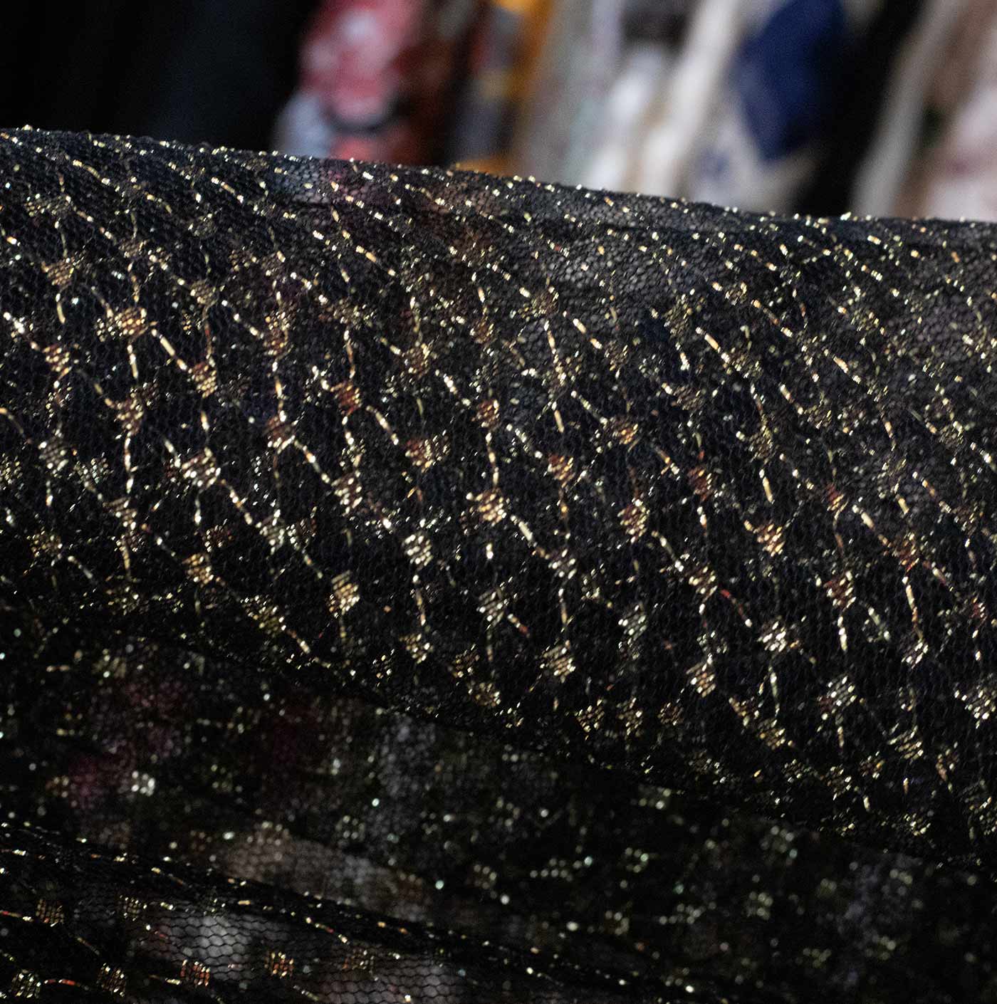 Gold Dotted Black Mesh Fabric
