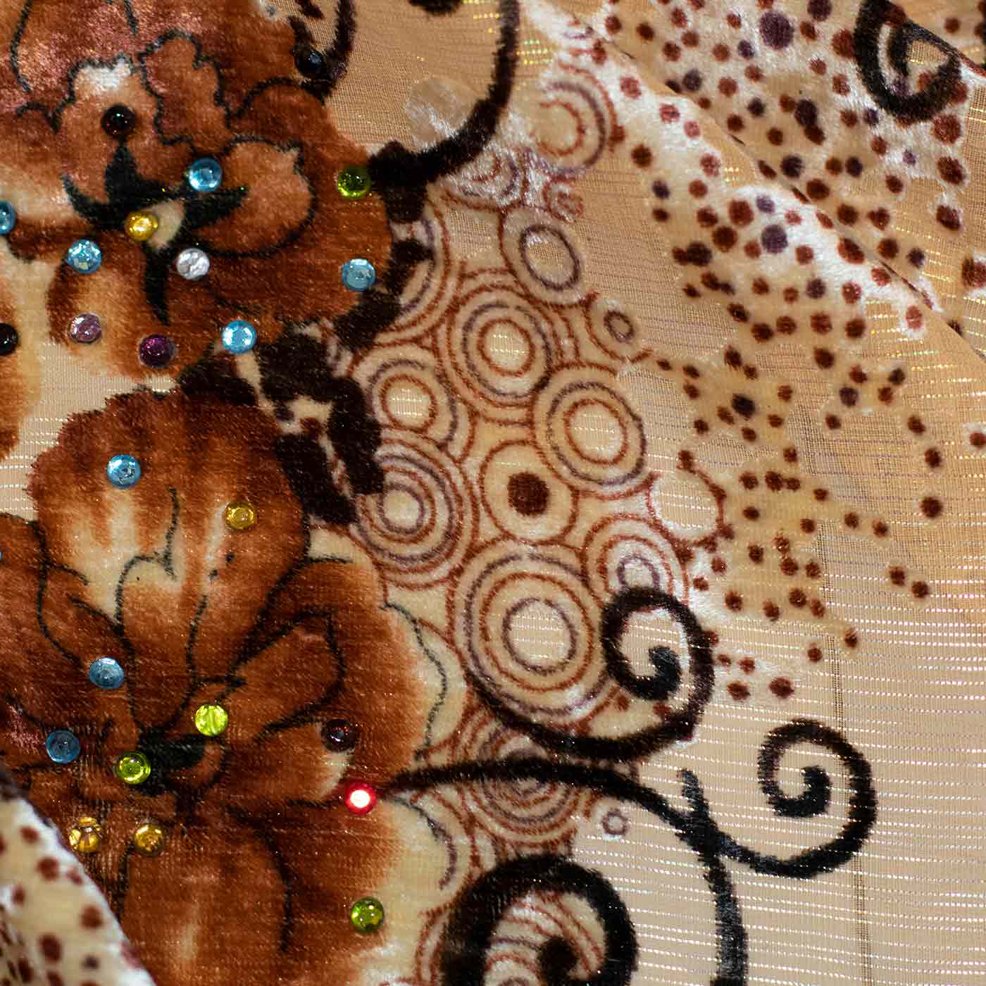 Coffee Brown Ivory Velvet Stone Chiffon Fabric