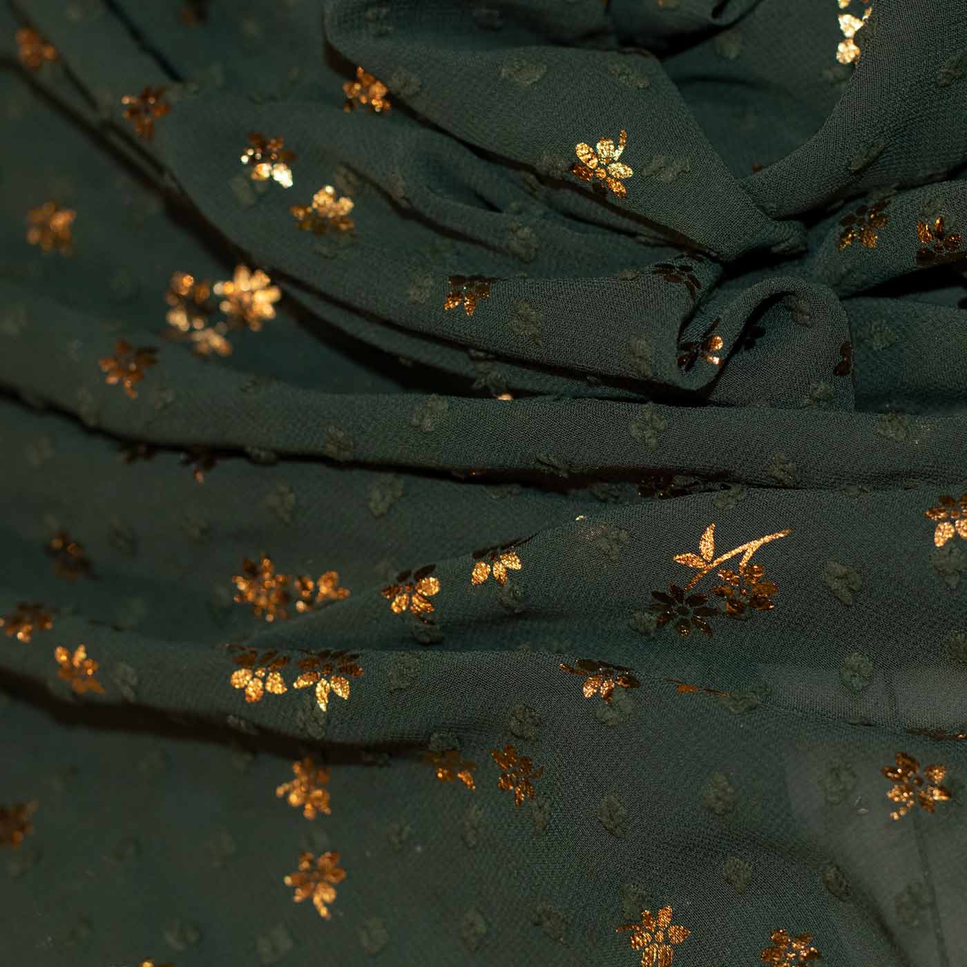 Green & Gold Dotted Embroidered Chiffon Fabric