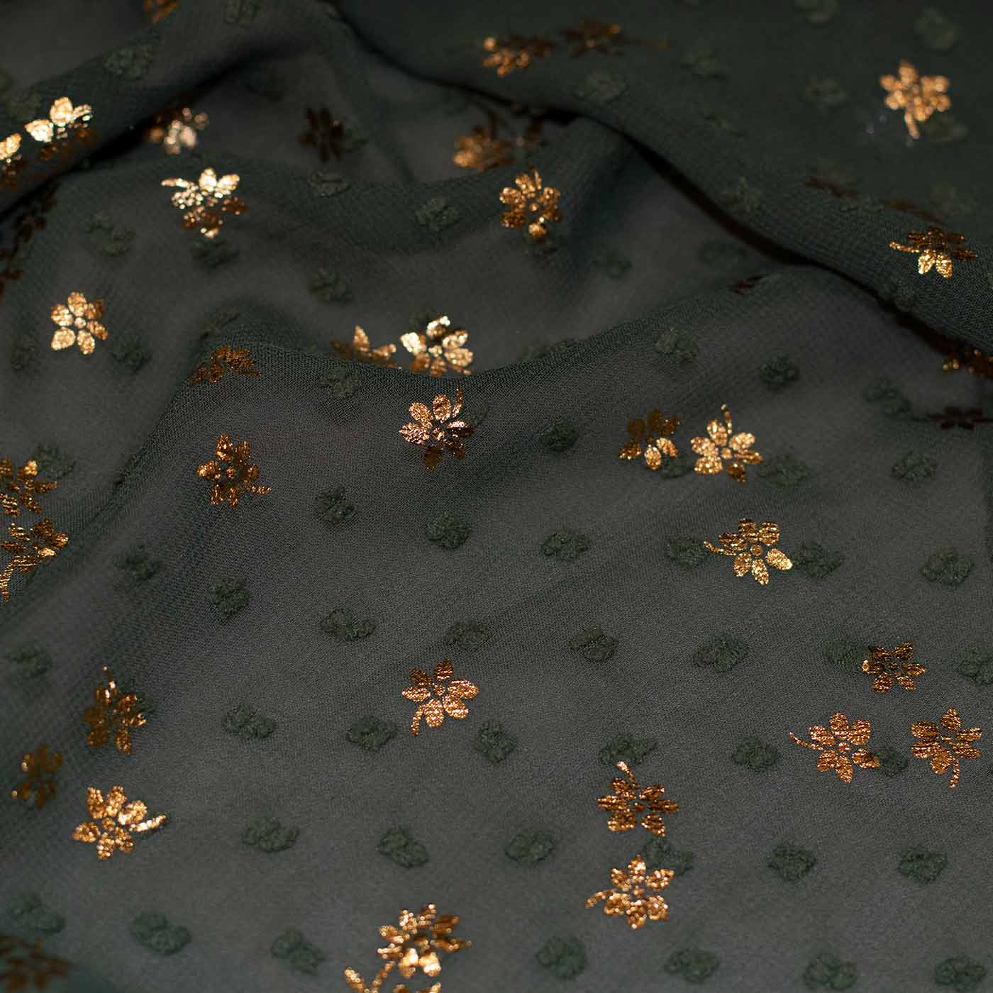 Green & Gold Dotted Embroidered Chiffon Fabric