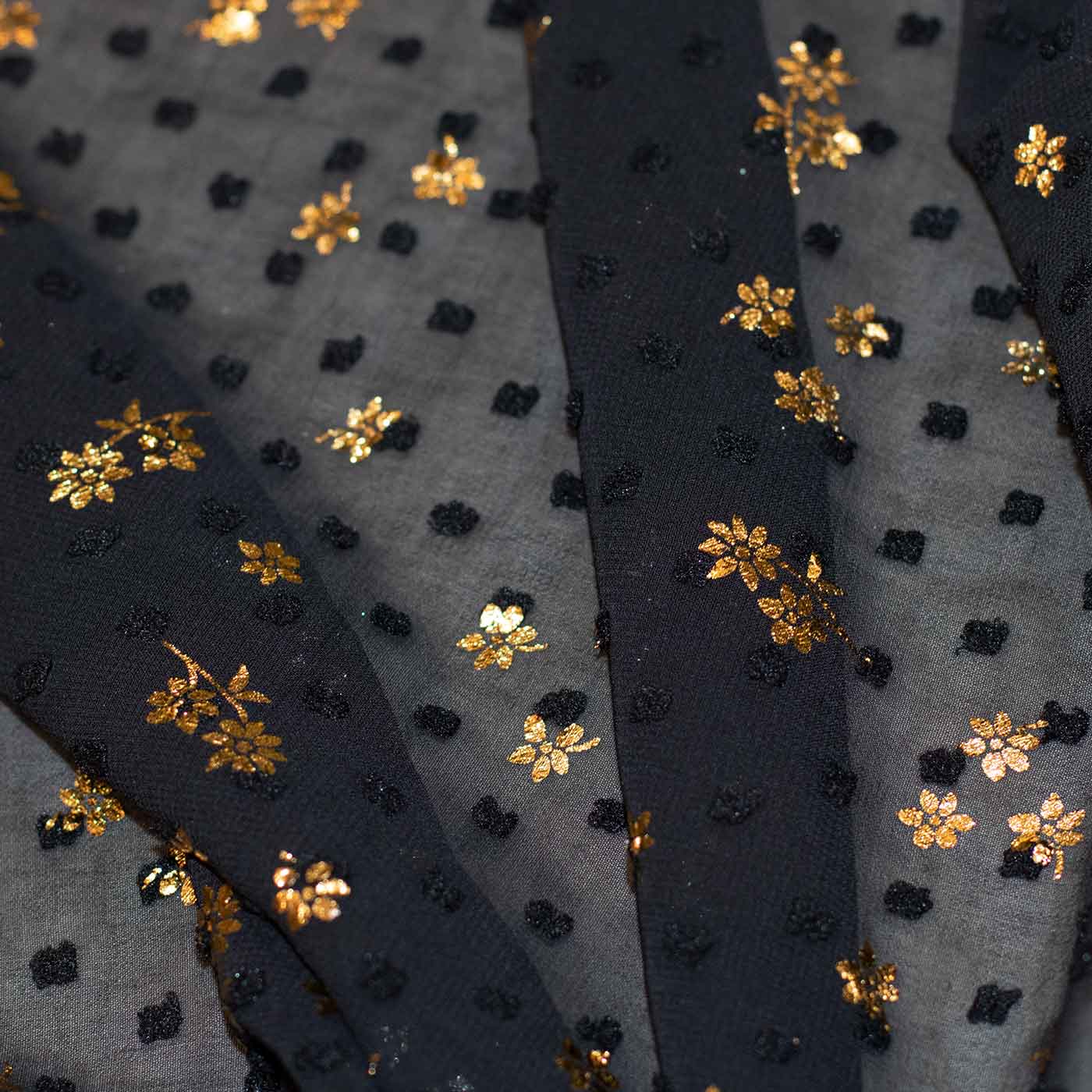 Black and Gold Dotted Embroidered Chiffon Fabric