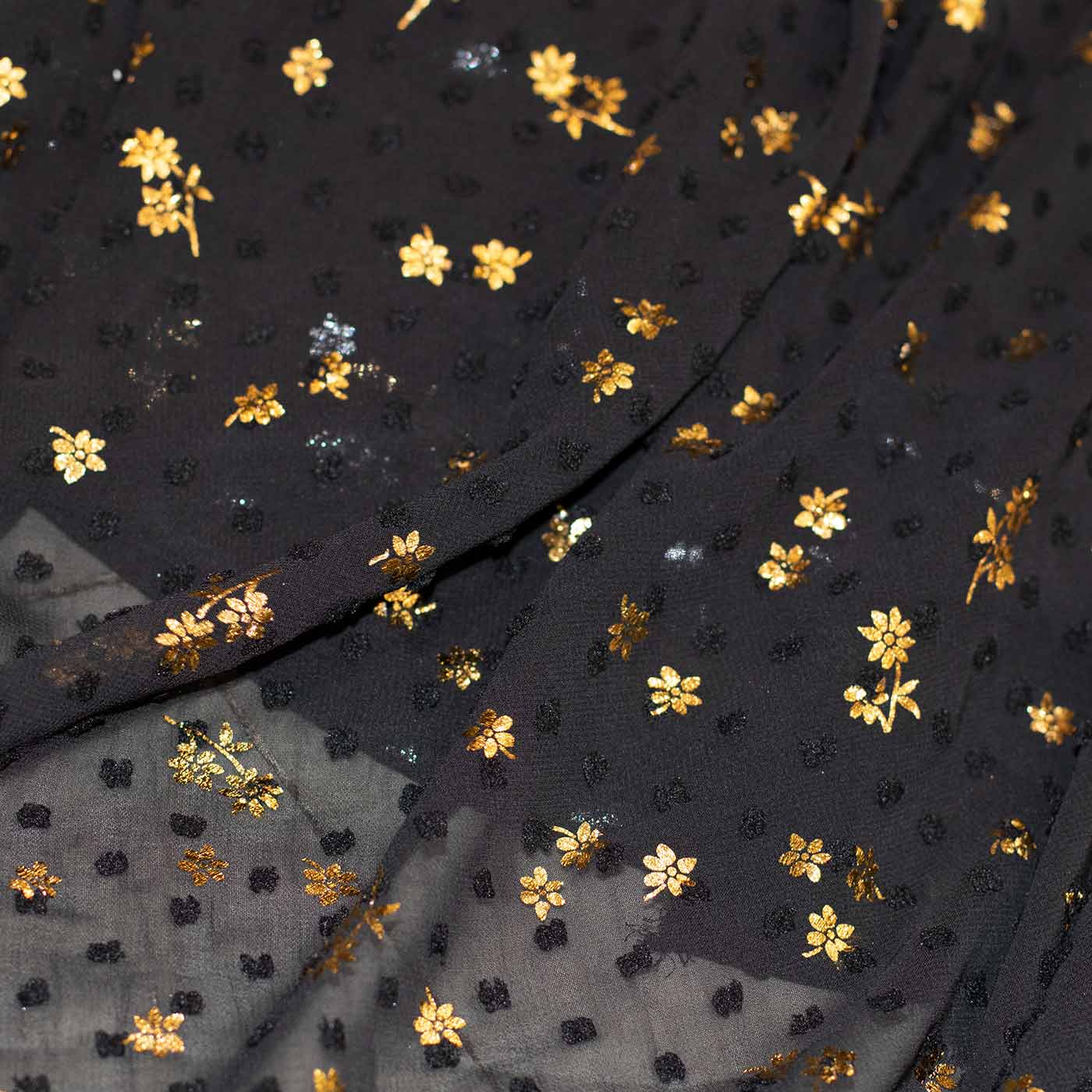 Black and Gold Dotted Embroidered Chiffon Fabric