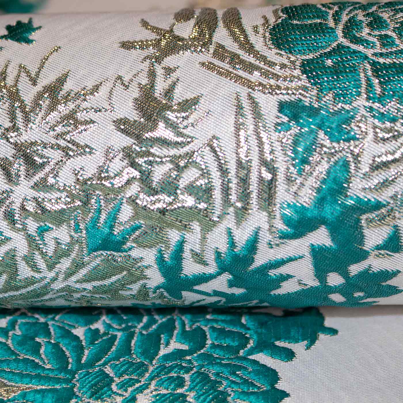 Emerald Green and Gold Abstract Floral Brocade Fabric