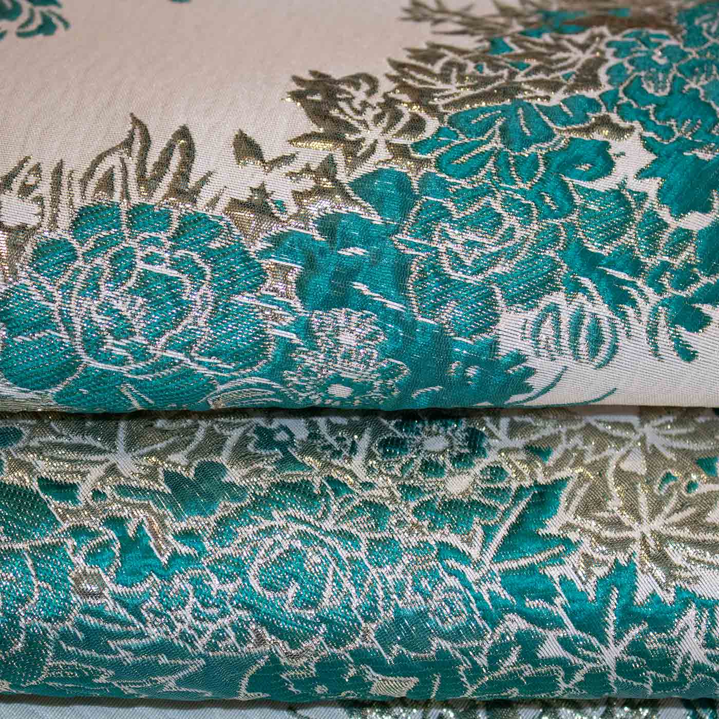 Emerald Green and Gold Abstract Floral Brocade Fabric